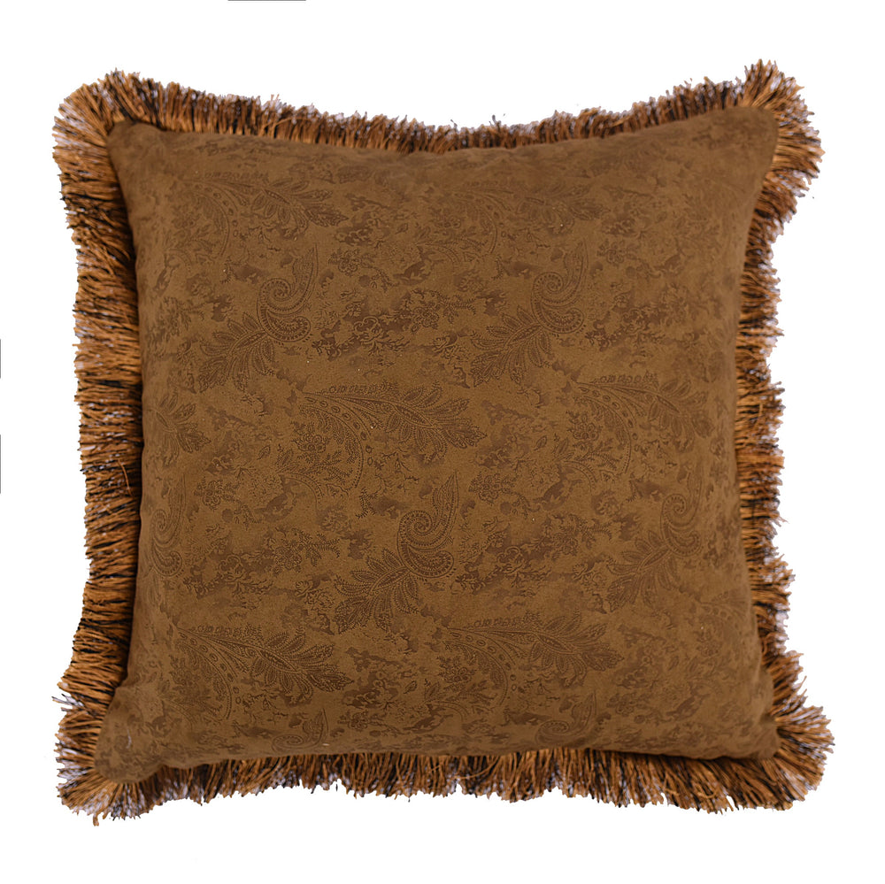 Hiend Accents Small Paisley Throw Pillow With Golden Fringe – Rustic Elegance In Luxurious Faux Suede Design   Ws5003p4