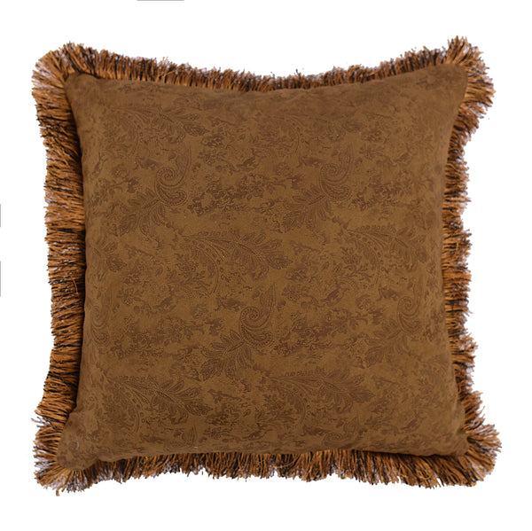 Hiend Accents Small Paisley Throw Pillow With Golden Fringe – Rustic Elegance In Luxurious Faux Suede Design   Ws5002p4