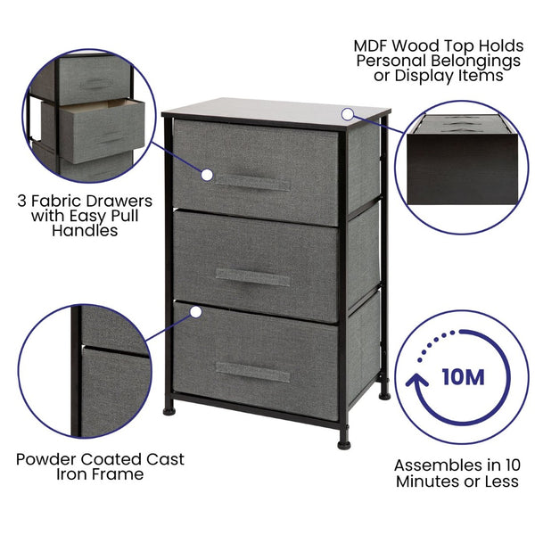 English Elm Harris 3 Drawer Vertical Dresser with Durable Cast Iron Frame and Easy-Pull Fabric Storage Drawers Gray Drawers/Black Frame WX-5L20-X-BK-GR-GG