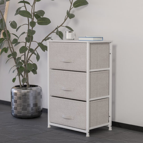 English Elm Harris 3 Drawer Vertical Dresser with Durable Cast Iron Frame and Easy-Pull Fabric Storage Drawers Gray Drawers/White Frame WX-5L20-X-WH-GR-GG