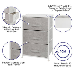 English Elm Harris 3 Drawer Vertical Dresser with Durable Cast Iron Frame and Easy-Pull Fabric Storage Drawers Gray Drawers/White Frame WX-5L20-X-WH-GR-GG