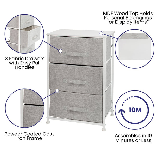English Elm Harris 3 Drawer Vertical Dresser with Durable Cast Iron Frame and Easy-Pull Fabric Storage Drawers Gray Drawers/White Frame WX-5L20-X-WH-GR-GG