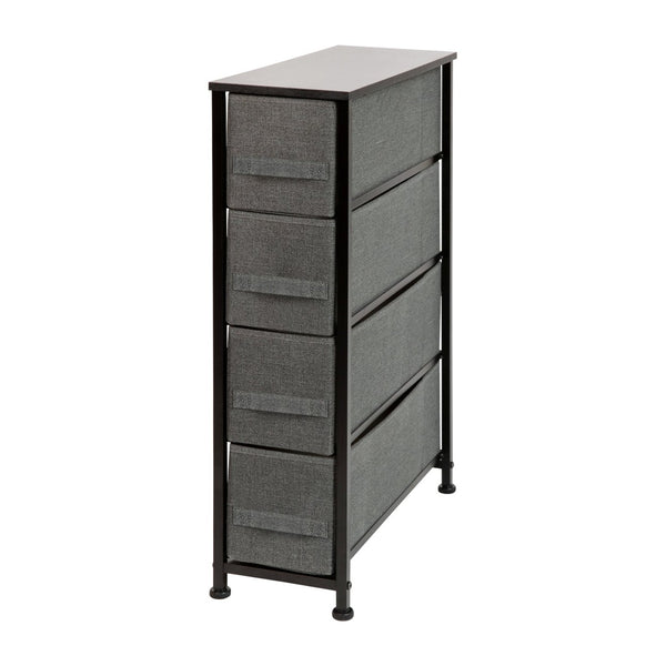 English Elm Harris 4-Drawer Slim Storage Tower with Wood Top & Black Iron Frame – Compact Nightstand Solution WX-5L203-BK-GR-GG