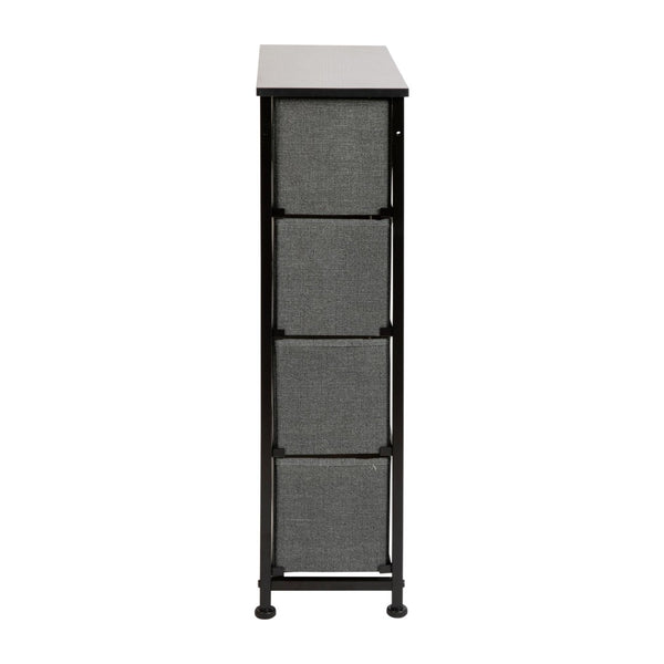 English Elm Harris 4-Drawer Slim Storage Tower with Wood Top & Black Iron Frame – Compact Nightstand Solution WX-5L203-BK-GR-GG