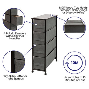 English Elm Harris 4-Drawer Slim Storage Tower with Wood Top & Black Iron Frame – Compact Nightstand Solution WX-5L203-BK-GR-GG