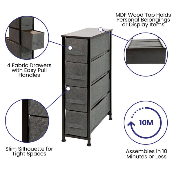 English Elm Harris 4-Drawer Slim Storage Tower with Wood Top & Black Iron Frame – Compact Nightstand Solution WX-5L203-BK-GR-GG