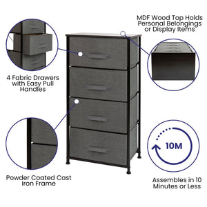 English Elm Harris 4-Drawer Vertical Storage Dresser with Durable Wood Top & Easy-Pull Fabric for Every Space Gray Drawers/Black Frame WX-5L203-X-BK-GR-GG