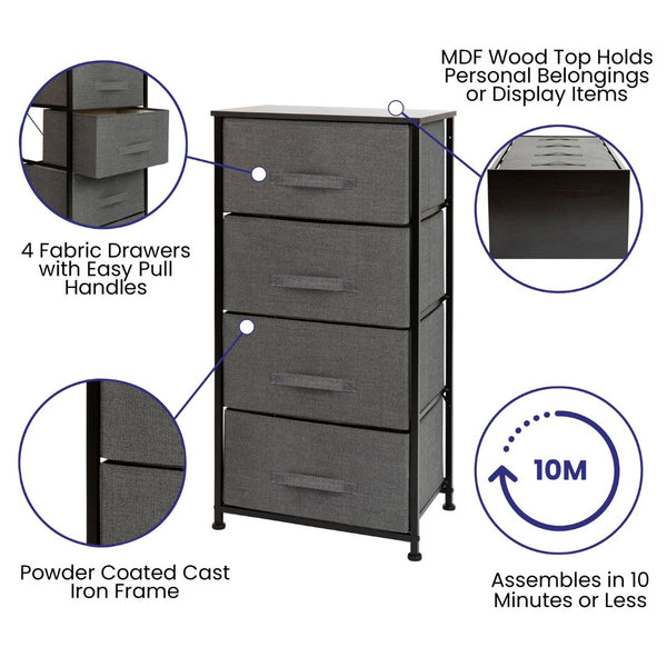 English Elm Harris 4-Drawer Vertical Storage Dresser with Durable Wood Top & Easy-Pull Fabric for Every Space Gray Drawers/Black Frame WX-5L203-X-BK-GR-GG