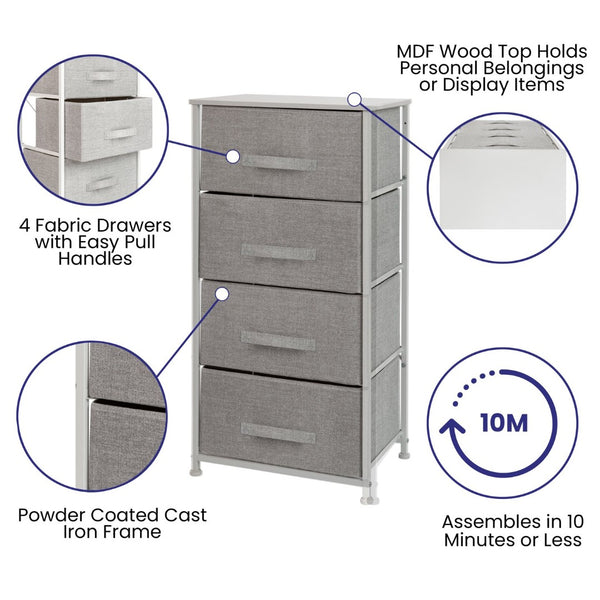 English Elm Harris 4-Drawer Vertical Storage Dresser with Durable Wood Top & Easy-Pull Fabric for Every Space Gray Drawers/White Frame WX-5L203-X-WH-GR-GG