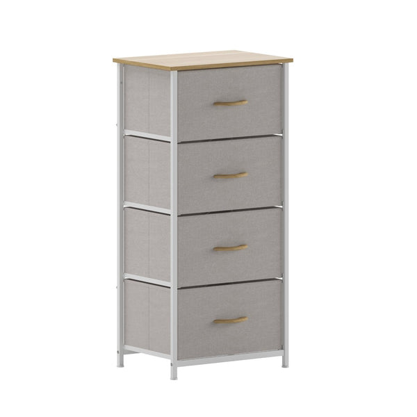 English Elm Harris 4-Drawer Vertical Storage Dresser - Stylish Industrial Design with Easy-Pull Fabric Drawers Beige Drawers/White Frame WX-5L203L-W-WH-BG-GG