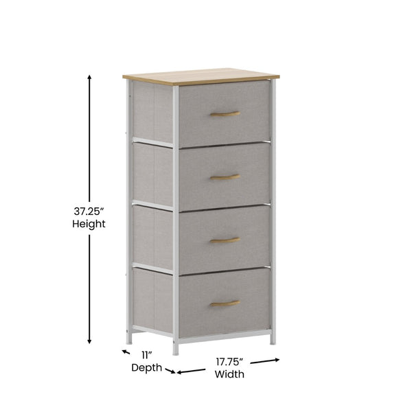 English Elm Harris 4-Drawer Vertical Storage Dresser - Stylish Industrial Design with Easy-Pull Fabric Drawers Beige Drawers/White Frame WX-5L203L-W-WH-BG-GG