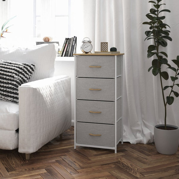 English Elm Harris 4-Drawer Vertical Storage Dresser - Stylish Industrial Design with Easy-Pull Fabric Drawers Beige Drawers/White Frame WX-5L203L-W-WH-BG-GG