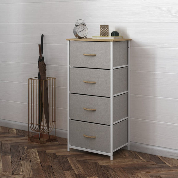 English Elm Harris 4-Drawer Vertical Storage Dresser - Stylish Industrial Design with Easy-Pull Fabric Drawers Beige Drawers/White Frame WX-5L203L-W-WH-BG-GG