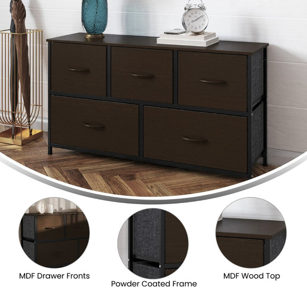 English Elm Harris 5-Drawer Storage Dresser - Stylish Compact Organizer with Durable Frame and Easy-Pull Drawers Brown Drawers/Black Frame WX-5L206-MDF-BK-BR-GG