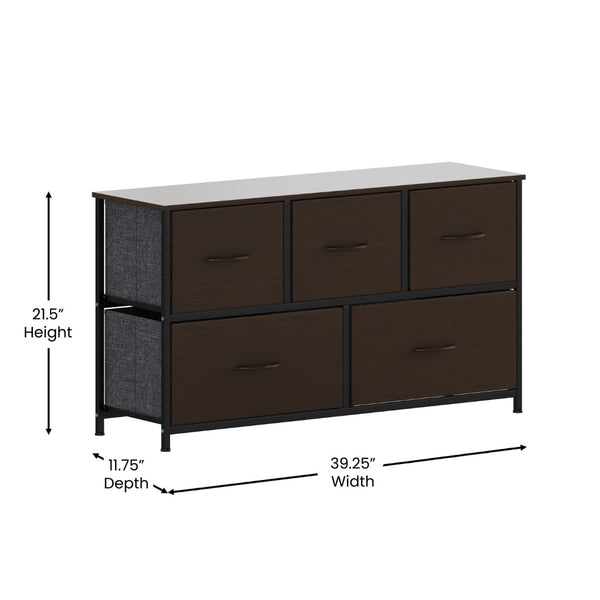 English Elm Harris 5-Drawer Storage Dresser - Stylish Compact Organizer with Durable Frame and Easy-Pull Drawers Brown Drawers/Black Frame WX-5L206-MDF-BK-BR-GG