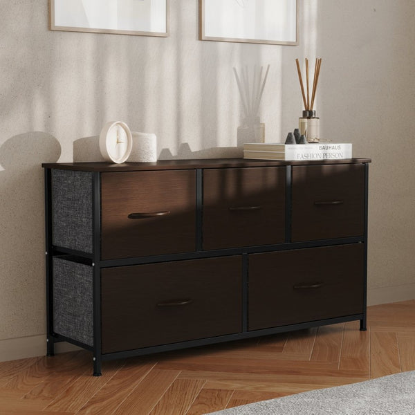 English Elm Harris 5-Drawer Storage Dresser - Stylish Compact Organizer with Durable Frame and Easy-Pull Drawers Brown Drawers/Black Frame WX-5L206-MDF-BK-BR-GG