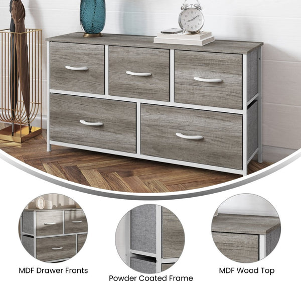 English Elm Harris 5-Drawer Storage Dresser - Stylish Compact Organizer with Durable Frame and Easy-Pull Drawers Light Natural Drawers/White Frame WX-5L206-MDF-WHT-LNT-GG
