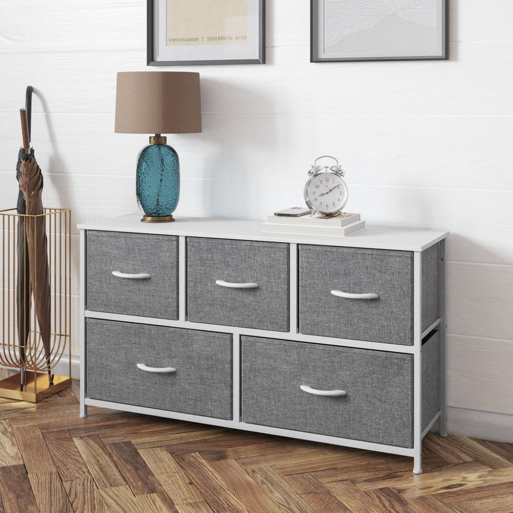 English Elm Harris 5 Drawer Vertical Storage Dresser: Stylish Organization Solution for Any Space, Easy Assembly Gray Drawers/White Frame WX-5L206-W-WH-GR-GG