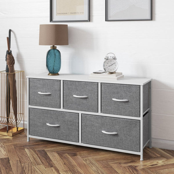 English Elm Harris 5 Drawer Vertical Storage Dresser: Stylish Organization Solution for Any Space, Easy Assembly Gray Drawers/White Frame WX-5L206-W-WH-GR-GG