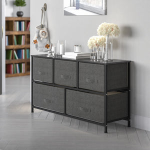 English Elm Harris 5-Drawer Vertical Storage Dresser with Durable Wood Top & Stylish Easy-Pull Fabric Drawers Gray Drawers/Black Frame WX-5L206-X-BK-GR-GG