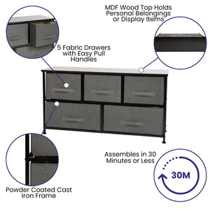 English Elm Harris 5-Drawer Vertical Storage Dresser with Durable Wood Top & Stylish Easy-Pull Fabric Drawers Gray Drawers/Black Frame WX-5L206-X-BK-GR-GG