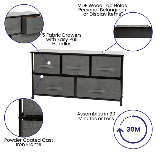 English Elm Harris 5-Drawer Vertical Storage Dresser with Durable Wood Top & Stylish Easy-Pull Fabric Drawers Gray Drawers/Black Frame WX-5L206-X-BK-GR-GG