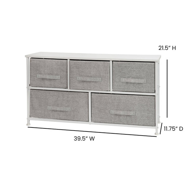 English Elm Harris 5-Drawer Vertical Storage Dresser with Durable Wood Top & Stylish Easy-Pull Fabric Drawers Gray Drawers/White Frame WX-5L206-X-WH-GR-GG