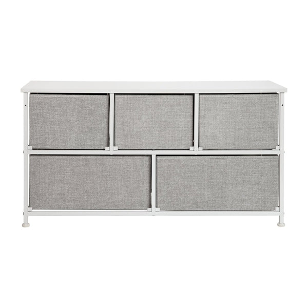 English Elm Harris 5-Drawer Vertical Storage Dresser with Durable Wood Top & Stylish Easy-Pull Fabric Drawers Gray Drawers/White Frame WX-5L206-X-WH-GR-GG