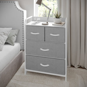 English Elm Sodano Modern Nightstand with Charging Station, 4 Drawers, USB Ports & Stylish Engineered Wood Top Gray Drawers/White Frame WX-5L604-W-WH-GR-GG