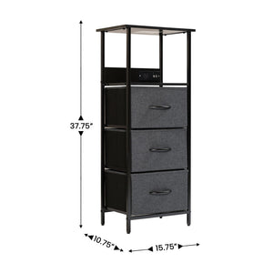 English Elm Sodano 3 Drawer Nightstand with Integrated Charging Station and Smart Storage for Modern Spaces Charcoal Drawers/Black Frame WX-EZO802-W-BK-GR-GG