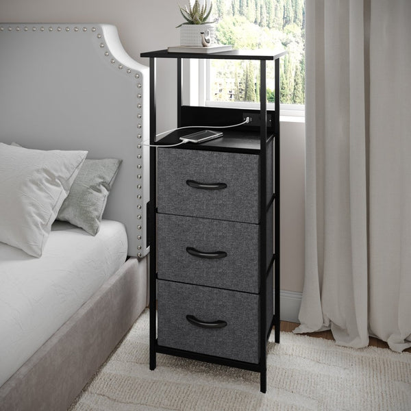 English Elm Sodano 3 Drawer Nightstand with Integrated Charging Station and Smart Storage for Modern Spaces Charcoal Drawers/Black Frame WX-EZO802-W-BK-GR-GG
