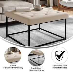 English Elm Ashton 30" Square LeatherSoft Tufted Ottoman with Stylish Metal Frame for Modern Living Spaces Beige WX-TY-101-BG-LT-BLK-GG