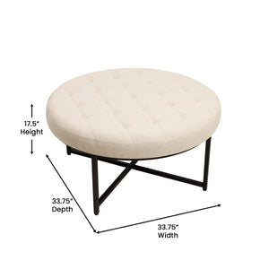 English Elm Ashton 34" Round Tufted Ottoman with Sturdy Metal Frame – Stylish Accent for Any Living Space Beige WX-TY-104-BGE-LN-BLK-GG