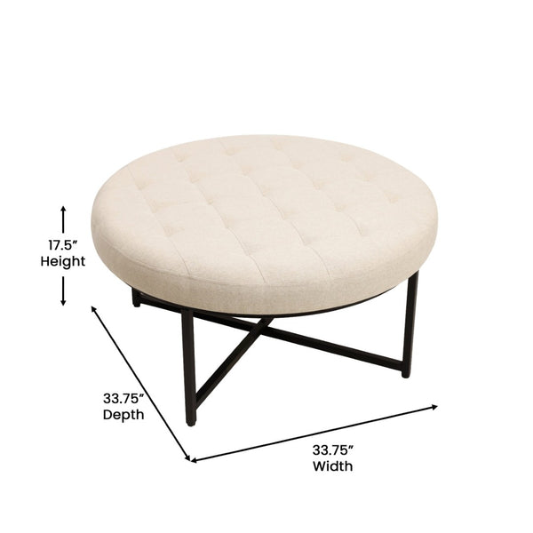 English Elm Ashton 34" Round Tufted Ottoman with Sturdy Metal Frame – Stylish Accent for Any Living Space Beige WX-TY-104-BGE-LN-BLK-GG