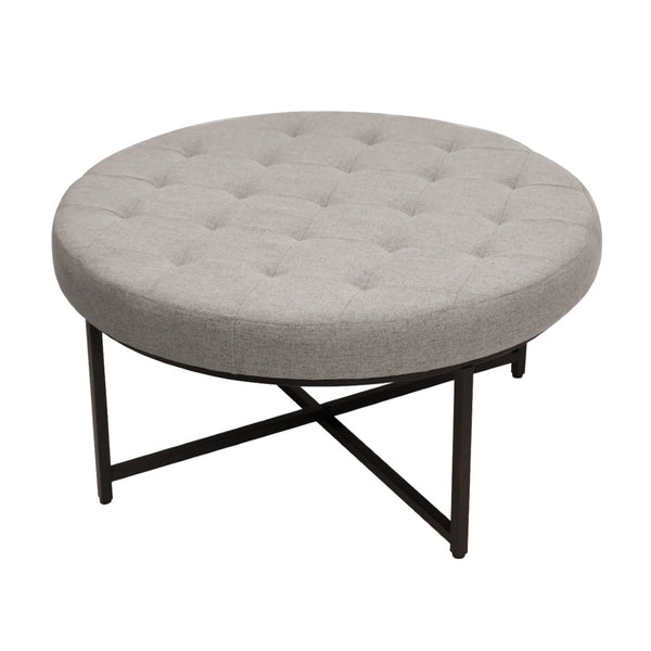 English Elm Ashton 34" Round Tufted Ottoman with Sturdy Metal Frame – Stylish Accent for Any Living Space Gray WX-TY-104-GRY-LN-BLK-GG