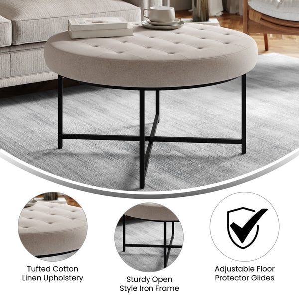 English Elm Ashton 34" Round Tufted Ottoman with Sturdy Metal Frame – Stylish Accent for Any Living Space Gray WX-TY-104-GRY-LN-BLK-GG