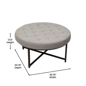 English Elm Ashton 34" Round Tufted Ottoman with Sturdy Metal Frame – Stylish Accent for Any Living Space Gray WX-TY-104-GRY-LN-BLK-GG