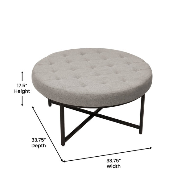 English Elm Ashton 34" Round Tufted Ottoman with Sturdy Metal Frame – Stylish Accent for Any Living Space Gray WX-TY-104-GRY-LN-BLK-GG