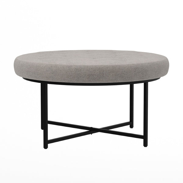 English Elm Ashton 34" Round Tufted Ottoman with Sturdy Metal Frame – Stylish Accent for Any Living Space Gray WX-TY-104-GRY-LN-BLK-GG