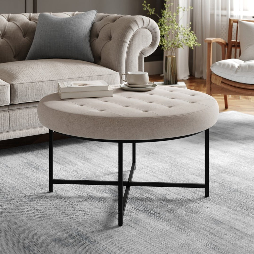 English Elm Ashton 34" Round Tufted Ottoman with Sturdy Metal Frame – Stylish Accent for Any Living Space Gray WX-TY-104-GRY-LN-BLK-GG