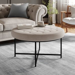 English Elm Ashton 34" Round Tufted Ottoman with Sturdy Metal Frame – Stylish Accent for Any Living Space Gray WX-TY-104-GRY-LN-BLK-GG