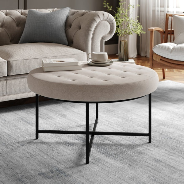 English Elm Ashton 34" Round Tufted Ottoman with Sturdy Metal Frame – Stylish Accent for Any Living Space Gray WX-TY-104-GRY-LN-BLK-GG