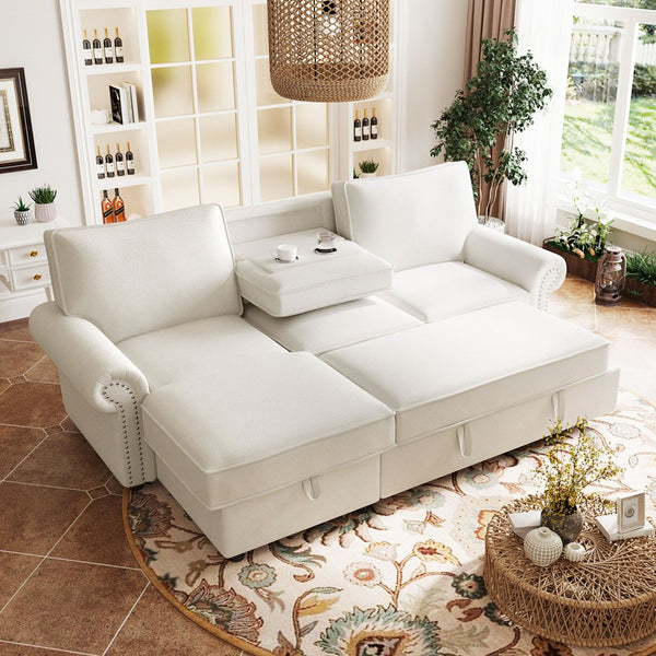 English Elm U_style Convertible Sectional Sofa with Sleeper Storage Chaise and Nailhead Arc Armrests WY000466AAA