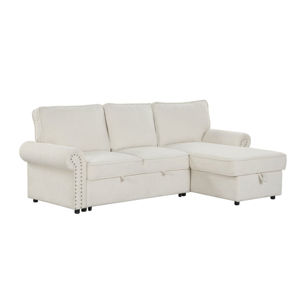 English Elm U_style Convertible Sectional Sofa with Sleeper Storage Chaise and Nailhead Arc Armrests WY000466AAA