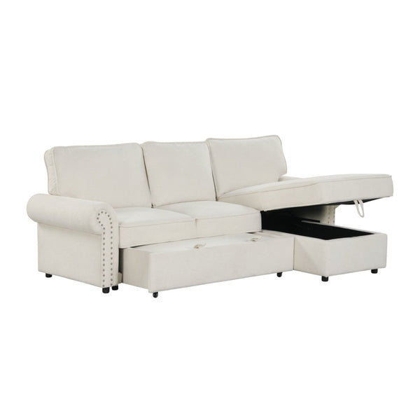 English Elm U_style Convertible Sectional Sofa with Sleeper Storage Chaise and Nailhead Arc Armrests WY000466AAA