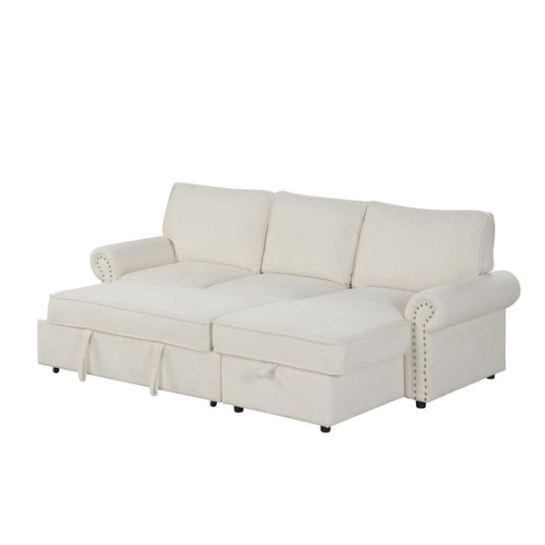 English Elm U_style Convertible Sectional Sofa with Sleeper Storage Chaise and Nailhead Arc Armrests WY000466AAA