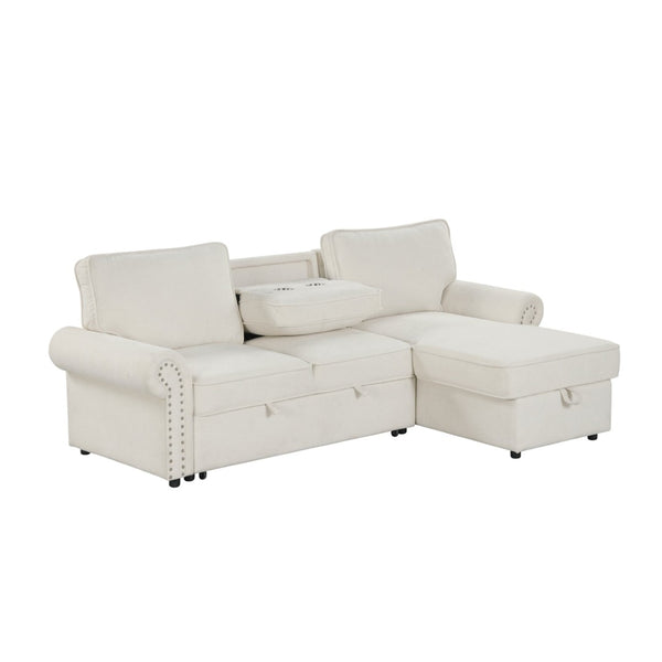 English Elm U_style Convertible Sectional Sofa with Sleeper Storage Chaise and Nailhead Arc Armrests WY000466AAA
