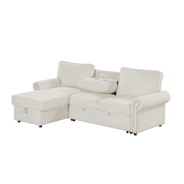 English Elm U_style Convertible Sectional Sofa with Sleeper Storage Chaise and Nailhead Arc Armrests WY000466AAA