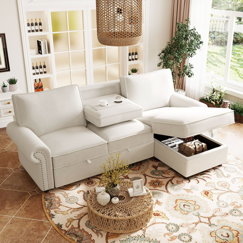 English Elm U_style Convertible Sectional Sofa with Sleeper Storage Chaise and Nailhead Arc Armrests WY000466AAA