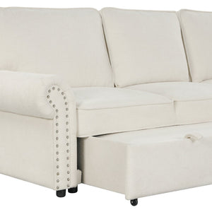 English Elm U_style Convertible Sectional Sofa with Sleeper Storage Chaise and Nailhead Arc Armrests WY000466AAA